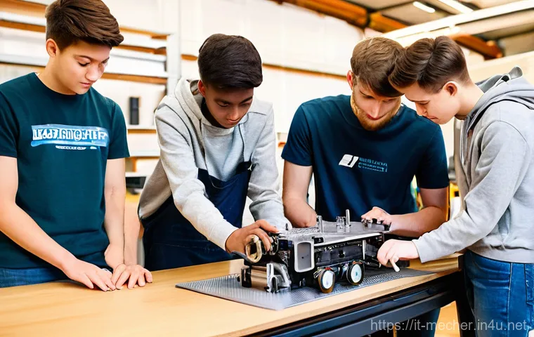 기계설계기사 실기에서 자주 나오는 실수 - **Prompt 1: Collaborative Engineering Students**
"A diverse group of five young mechanical engin...