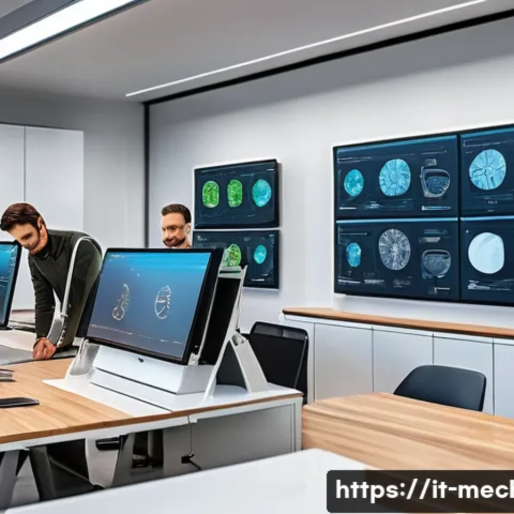 기계설계분야 최신 기술 트렌드 - A modern mechanical engineering design studio featuring a diverse team of Italian engineers collabor...