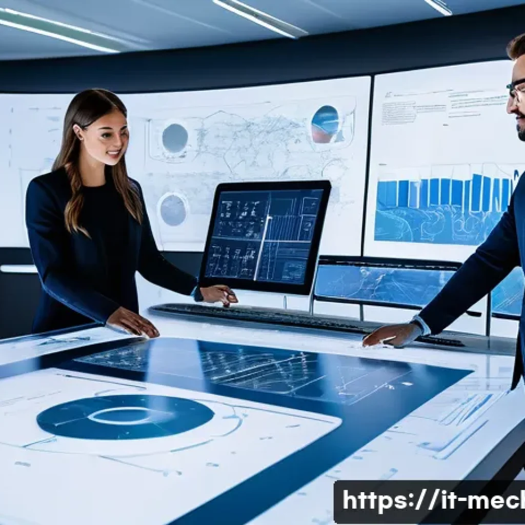 기계설계와 AI 기반 설계 자동화 - A modern Italian mechanical engineering office with a diverse team of engineers collaborating around...