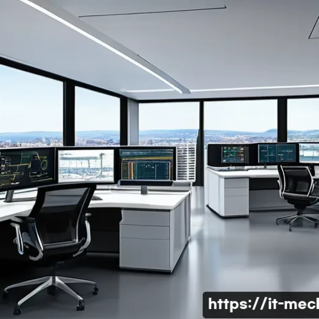 기계설계기사와 효율적 설계 도구 활용 - A modern engineering office environment showcasing a team of diverse professionals collaborating in ...