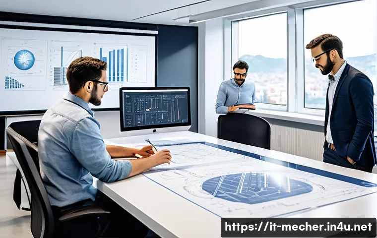 기계설계기사 실무에서의 설계 도면 오류 사례 - A detailed industrial engineering office scene showing a diverse team of Italian mechanical engineer...