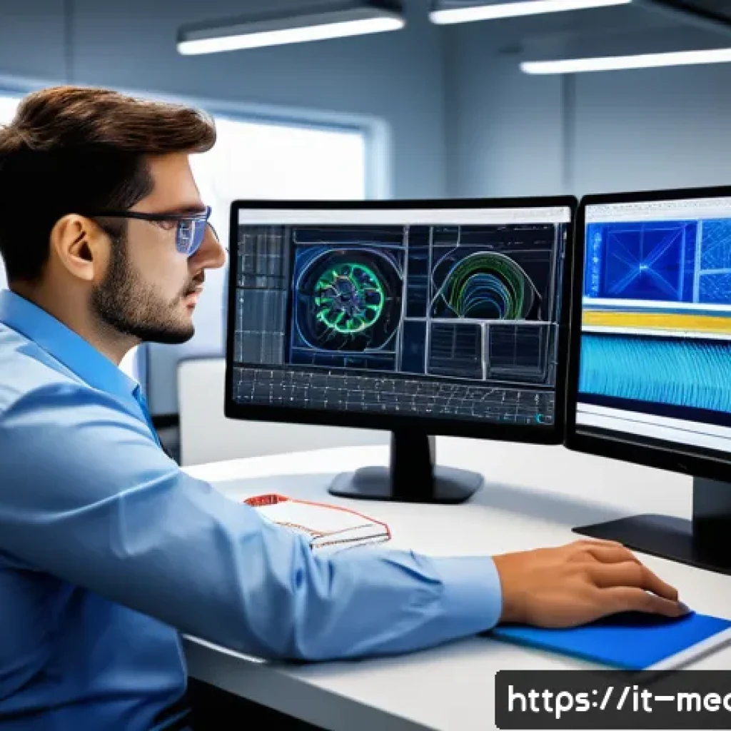 기계설계기사와 FEM 해석 사례 - A highly detailed engineering workspace featuring a modern mechanical engineer analyzing finite elem...