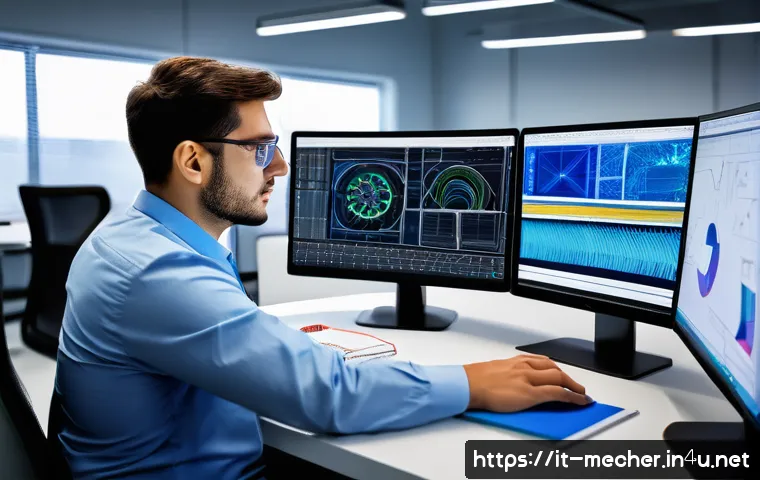 기계설계기사와 FEM 해석 사례 - A highly detailed engineering workspace featuring a modern mechanical engineer analyzing finite elem...