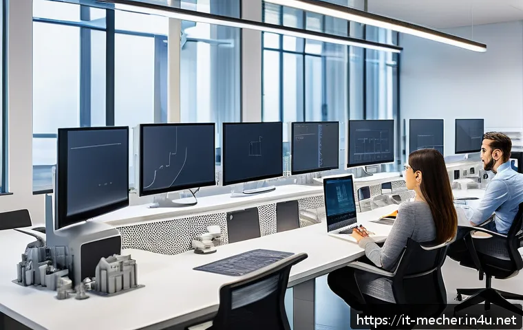 기계설계분야 자격증 취득 후 장기적 커리어 - A modern mechanical engineering office environment featuring a diverse team of professionals collabo...